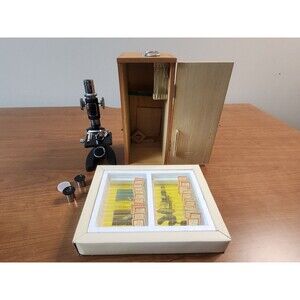 Vtg 1970's Perfect Mod. 802 Microscope ~ W/ #806 Milben 24 Piece Prepared Slides